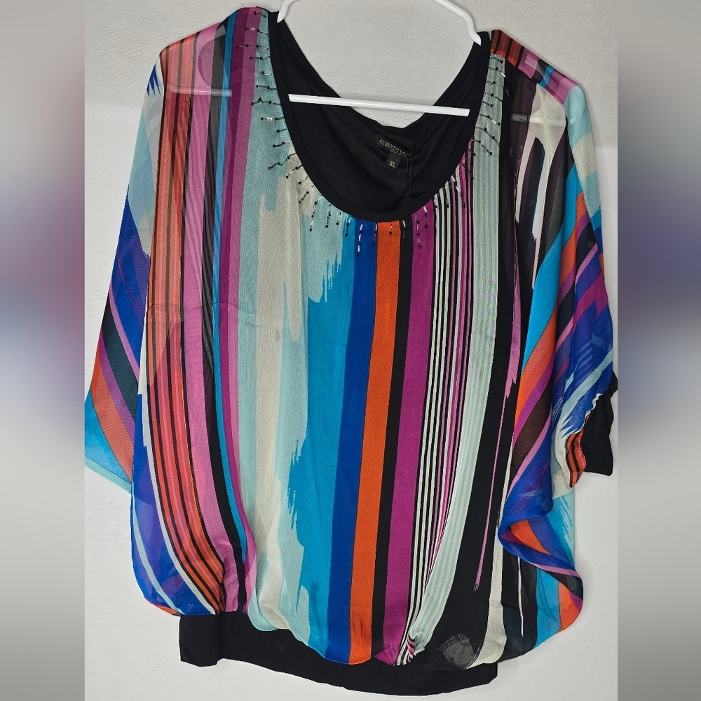NWT ALBERTO MAKALI Sheer Size XL Multi Color Blouse Beaded